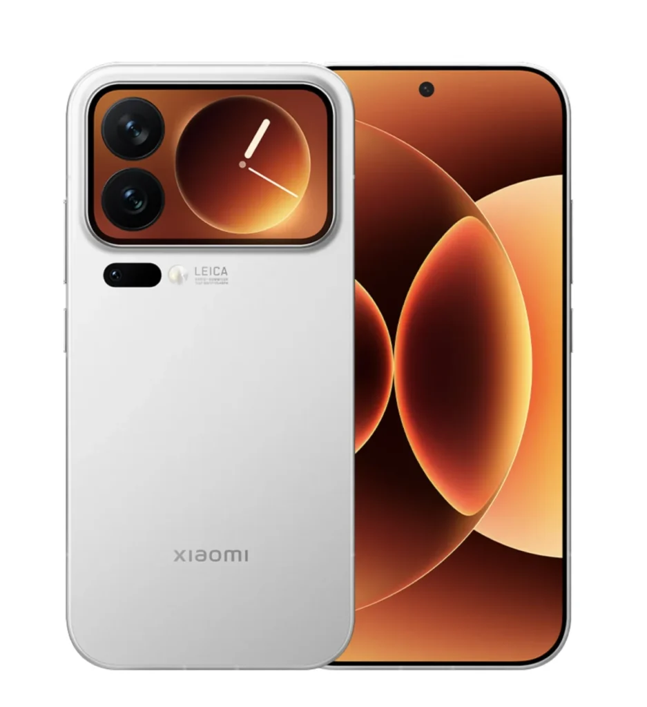 White Xiaomi 17 Pro Max showing its front display and the rear 'Magic Back Screen' secondary display within the camera module, featuring triple Leica-tuned 50MP cameras.