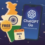 AI generated image showing a map of India, a smartphone with "ChatGPT Go," and icons indicating a "FREE 1 Year Subscription" starting November 4, 2025.