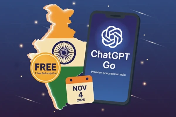 AI generated image showing a map of India, a smartphone with "ChatGPT Go," and icons indicating a "FREE 1 Year Subscription" starting November 4, 2025.