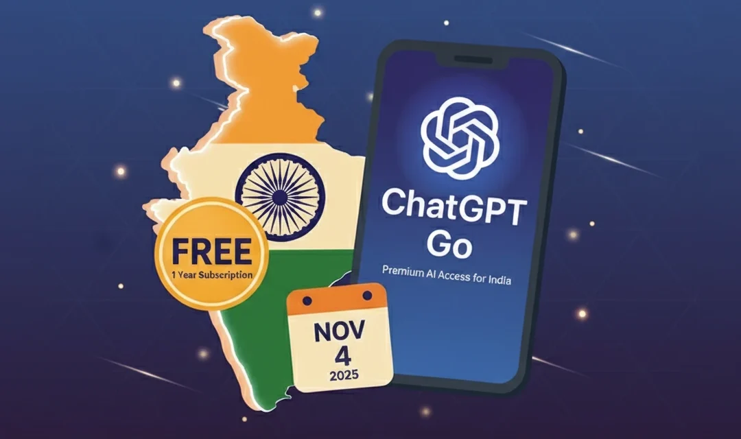 AI generated image showing a map of India, a smartphone with "ChatGPT Go," and icons indicating a "FREE 1 Year Subscription" starting November 4, 2025.