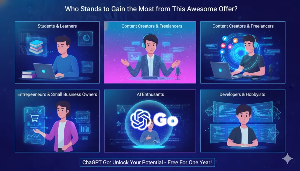 A visual comparison table showing ChatGPT Free versus ChatGPT Go. It highlights the benefits of Go, including the 1 Year Free Subscription of ChatGPT offer.