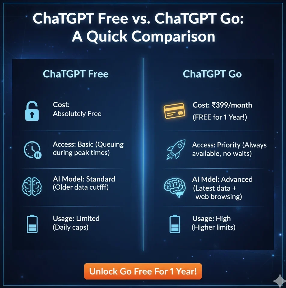AI generated image showing a comparison table between "ChatGPT Free" and "ChatGPT Go" highlighting features like cost, access, AI model, and usage. "ChatGPT Go" is marked as 1 Year Free Subscription of ChatGPT for a limited time.