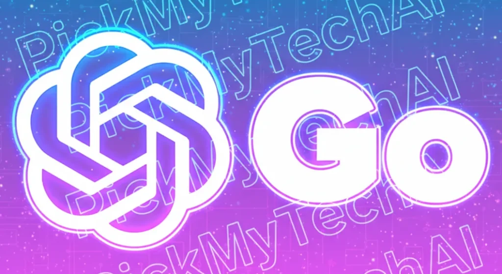 The official ChatGPT Go logo, featuring the OpenAI icon next to the word "Go" in white, set against a futuristic purple and blue background with a repeating "PickMyTechAI" watermark.