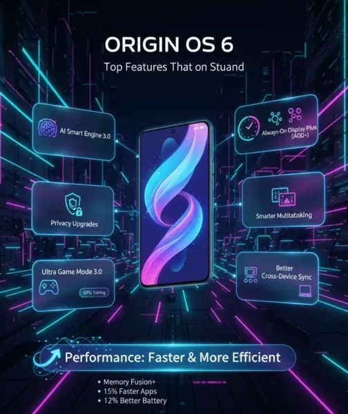 A vibrant, futuristic poster showcasing the top features of Origin OS 6, including AI Smart Engine 3.0, Privacy Upgrades, AOD+, Smart Multitasking, Ultra Game Mode 3.0, and Cross-Device Sync, highlighting its faster and more efficient performance.