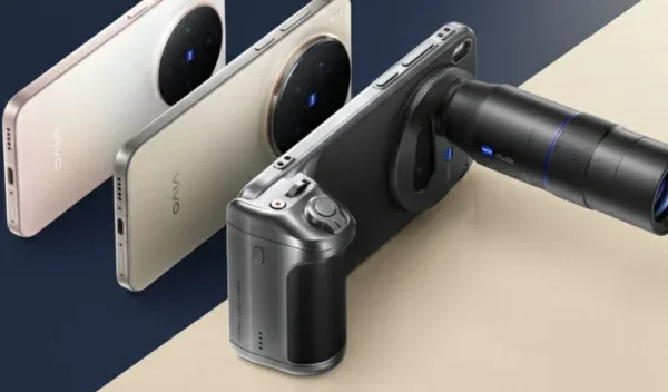 Three Vivo X300 series phones displayed on a split blue and beige background. One is rose gold, one is light gold, and the third is a dark gray model with a large external camera attachment that resembles a periscope lens.