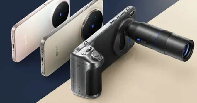 Three Vivo X300 series phones displayed on a split blue and beige background. One is rose gold, one is light gold, and the third is a dark gray model with a large external camera attachment that resembles a periscope lens.