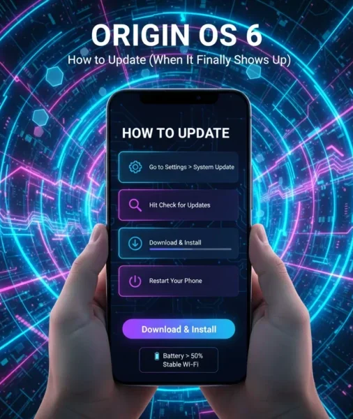 A colorful, interactive poster illustrating the "How to Update" guide for Origin OS 6, showing a phone with step-by-step instructions held against a futuristic, glowing circuit background, emphasizing its new features and release.