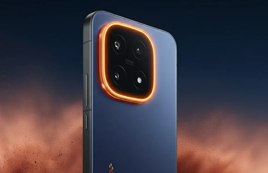iQOO 15 The back of a dark blue smartphone with a square camera module highlighted by a glowing orange-red ring. The camera module contains four lenses and "100x" text.