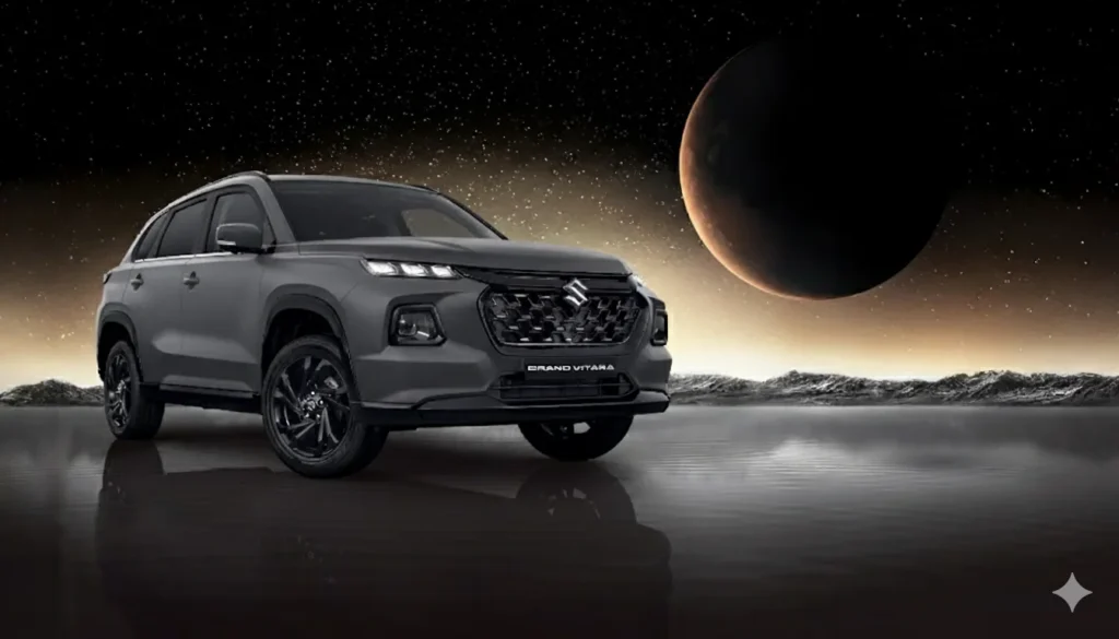A dark grey Maruti Suzuki Grand Vitara hybrid SUV in a futuristic, otherworldly setting with a planet in the background, symbolizing advanced technology.