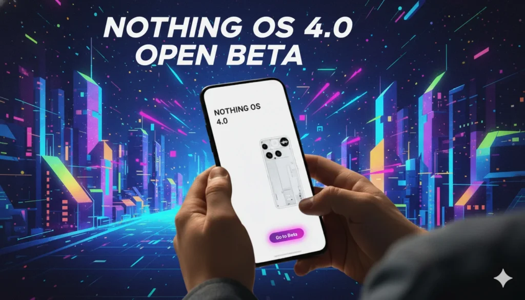 A smartphone displaying the "Nothing OS 4.0 Open Beta" screen, with hands interacting with it, against a backdrop representing a futuristic, colorful cityscape.