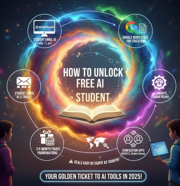 A colorful, futuristic diagram shows "How to Unlock Free AI as a Student" with icons representing student email, Google Workspace for Education, UNiDAYS, verification apps, promotions, and email trials, all pointing towards an open book and the central message. Two students are at the bottom, looking up at the diagram. The bottom banner reads "YOUR GOLDEN TICKET TO AI TOOLS IN 2025!" and a smaller text says "DEALS VARY BY COUNTRY."