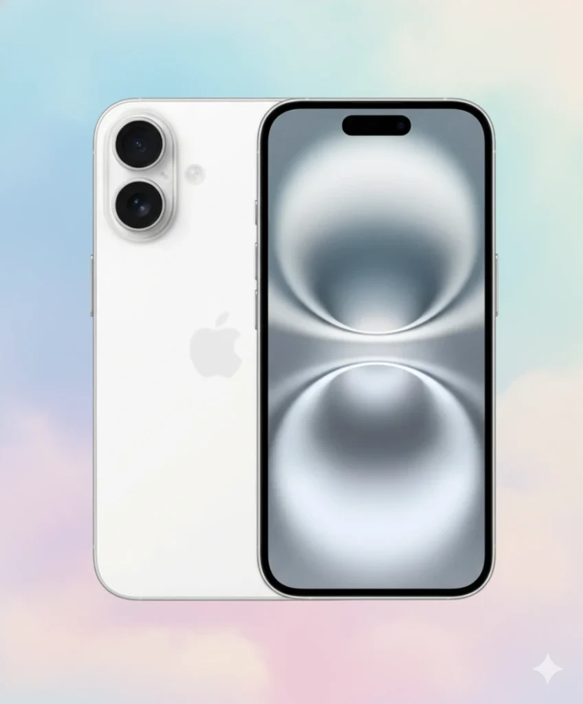 A white iPhone 16 showing its front and back, set against a soft, colorful background, representing a potential price drop.