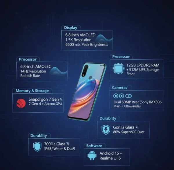 Realme 15 Pro Game of Thrones Edition Review: A Phone Fit for a Targaryen (2025) Infographic displaying the key specifications of the Realme 15 Pro, including its AMOLED display, Snapdragon 7 Gen 4 processor, camera details, battery, and software.