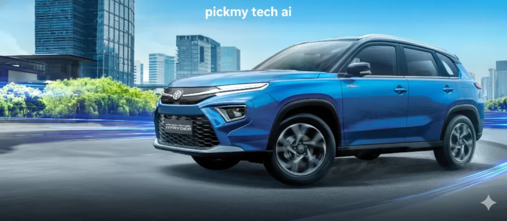 A blue Toyota Urban Cruiser Hyryder hybrid SUV driving on a city street with "HY IT'S HYTIME" text, highlighting its fuel efficiency.