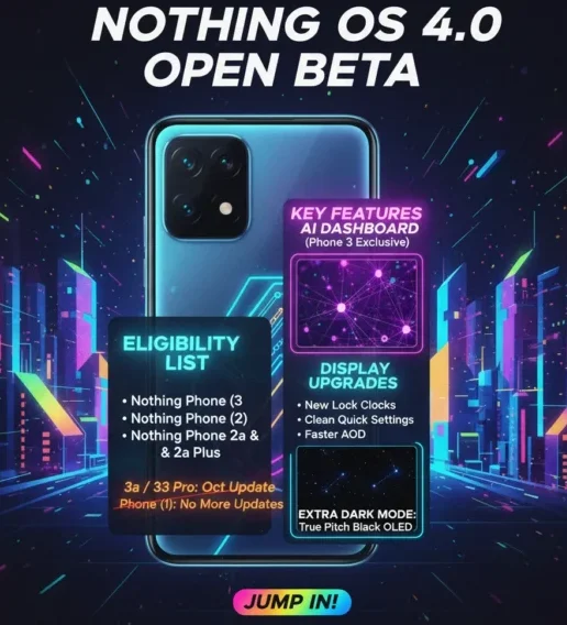 A colorful poster promoting Nothing OS 4.0 Open Beta, detailing key features like AI Dashboard and display upgrades, along with an eligibility list for various Nothing Phone models, set against a neon cityscape.