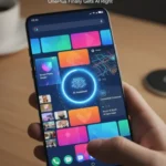 A close-up shot of a hand holding a smartphone displaying the OxygenOS 16 interface, with a prominent "AI Assistant" glowing icon at the center, surrounded by colorful app widgets, demonstrating how OnePlus finally gets AI right. The title "OxygenOS 16 Review (2025): OnePlus Finally Gets AI Right" is at the top.