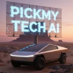 3D rendered image of a Tesla Cybertruck parked in a desert landscape under a large digital billboard displaying "PICKMY TECH AI" with a circuit board design at sunset.