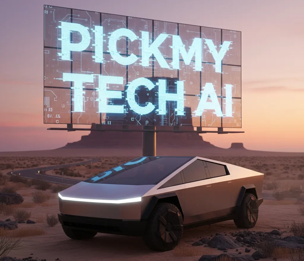 Tesla Cybertruck Price in 2025 – Is It Worth the Hype? 3D rendered image of a Tesla Cybertruck parked in a desert landscape under a large digital billboard displaying "PICKMY TECH AI" with a circuit board design at sunset.