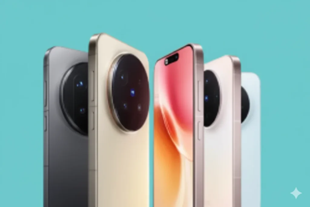 Four Vivo X300 Pro 5G phones in different colors (dark gray, cream, white, and light blue) standing upright against a teal background, showcasing their camera modules and sleek designs.