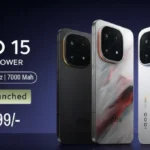 An advertisement for the iQOO 15 phone, showcasing three color variants (black, white with red accents, and green) with "PickMyTechAi" in the top left corner