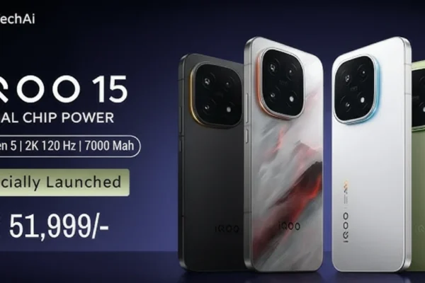 An advertisement for the iQOO 15 phone, showcasing three color variants (black, white with red accents, and green) with "PickMyTechAi" in the top left corner