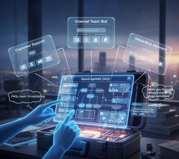 A futuristic, interactive display showing the OpenAI AgentKit within an open briefcase on a desk in a modern office with city views. Holographic panels extend from it, illustrating use cases like "Customer Support," "Internal Team Bot," and "Onboarding Assistant." Glowing blue hands interact with the main AgentKit interface. Text highlights key benefits: "FAQs, basic troubleshooting," "Fetches docs for teams - gold!," and "Walks you through setup & pings reminders." A caption reads: "Picked support bot template, swapped data = Usable in an hour!"