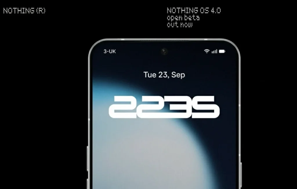 Nothing Phone 3A displaying Nothing OS 4.0 on its screen with the date "Tue 23, Sep" and time "2235".