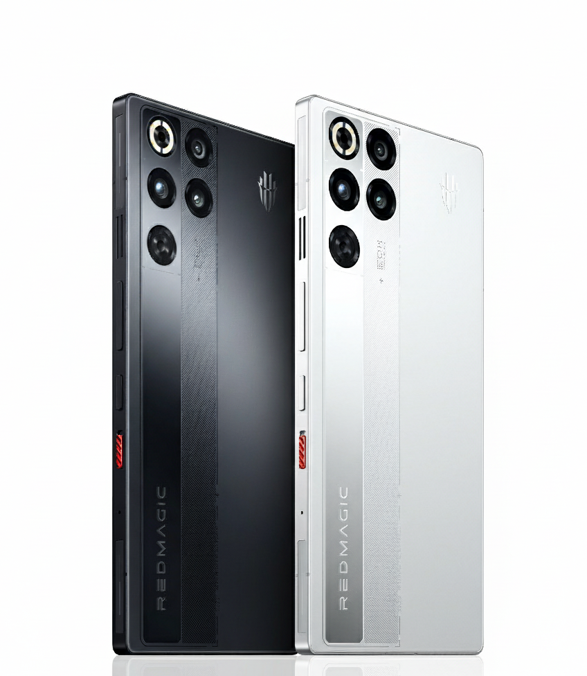 Two RedMagic 11 Pro ultimate gaming smartphones, one in black and one in white, showcasing their sleek back designs and camera modules.