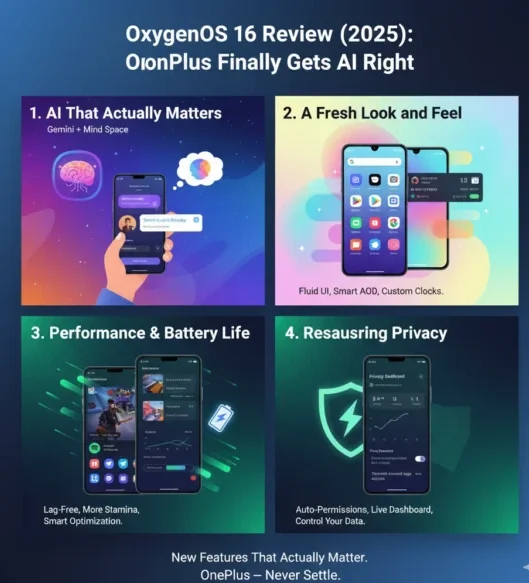 A four-panel infographic detailing the key features of OxygenOS 16 (2025) including "AI That Actually Matters" (Gemini + Mind Space), "A Fresh Look and Feel" (Fluid UI, Smart AOD, Custom Clocks), "Performance & Battery Life" (Lag-Free, More Stamina, Smart Optimization), and "Reassuring Privacy" (Auto-Permissions, Live Dashboard, Control Your Data), demonstrating how OnePlus gets AI right.