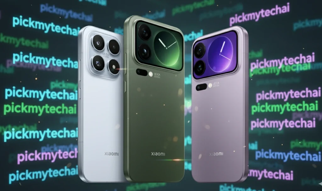 Three color variants of the Xiaomi 17 Pro Max: The Flagship That Said "Screw It, Go Big" (2025 Breakdown), featuring a silver model on the left with a traditional quad-camera module, and two models (Forest Green and Cold Smoke Purple) on the right showcasing a large, functional secondary rear display with an analog clock face and Leica branding.