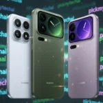 Three color variants of the Xiaomi 17 Pro Max: The Flagship That Said "Screw It, Go Big" (2025 Breakdown), featuring a silver model on the left with a traditional quad-camera module, and two models (Forest Green and Cold Smoke Purple) on the right showcasing a large, functional secondary rear display with an analog clock face and Leica branding.