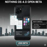 A poster outlining the features and installation guide for Nothing OS 4.0 Open Beta, with a smartphone displaying multitasking features and camera improvements, set against a dark cityscape.