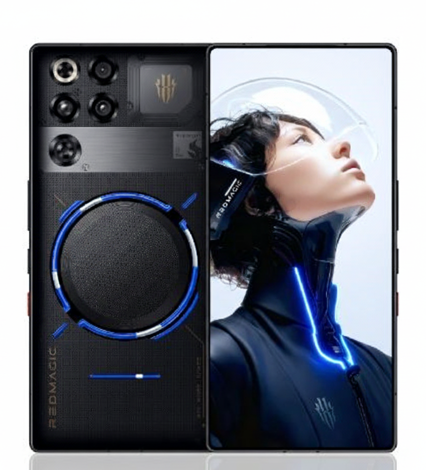 RedMagic 11 Pro ultimate gaming smartphone in black with blue accents, showcasing its back design with cooling fan and front display featuring a sci-fi inspired image.