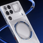 RedMagic 11 Pro ultimate gaming smartphone in a transparent design with blue accents, highlighting its cameras and internal components.