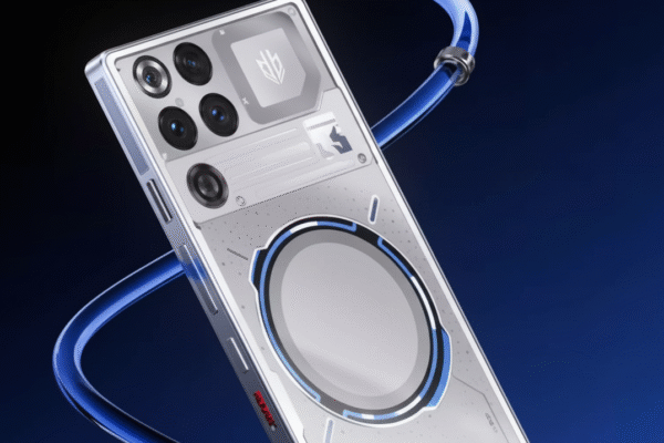 RedMagic 11 Pro ultimate gaming smartphone in a transparent design with blue accents, highlighting its cameras and internal components.