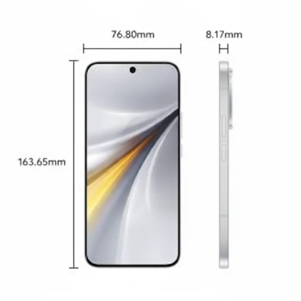 A diagram showing the front and side views of a smartphone with its dimensions: 163.65mm height, 76.80mm width, and 8.17mm thickness. iQOO 15