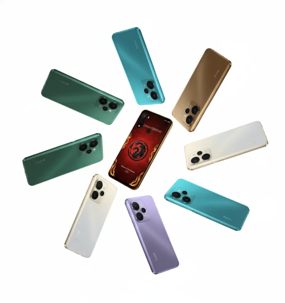 Multiple Realme 15 Pro phones in various colors arranged in a circular pattern, with one central phone showcasing the Game of Thrones Edition design.