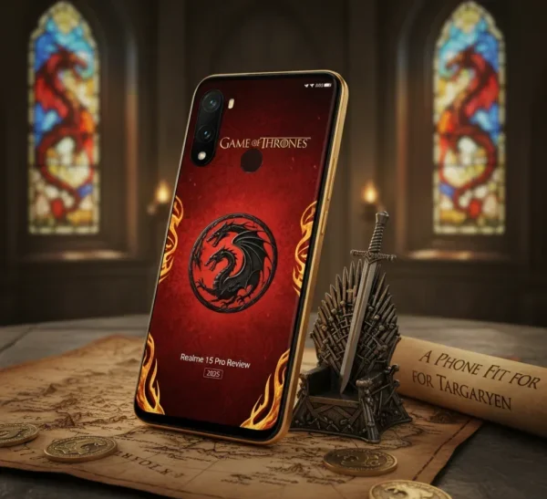 Realme 15 Pro Game of Thrones Edition phone on a table with a miniature Iron Throne and dragon-themed stained glass in the background.