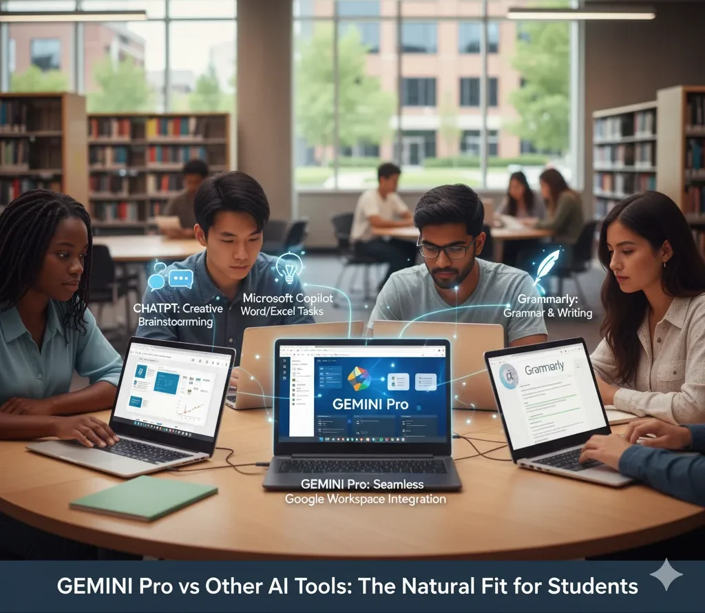Four students in a modern library setting are working on laptops. The central laptop displays "GEMINI Pro" with a focus on "Seamless Google Workspace Integration." Other laptops show interfaces for "ChatGPT: Creative Brainstorming," "Microsoft Copilot: Word/Excel Tasks," and "Grammarly: Grammar & Writing," illustrating a comparison of AI tools. The bottom text reads "GEMINI Pro vs Other AI Tools: The Natural Fit for Students."