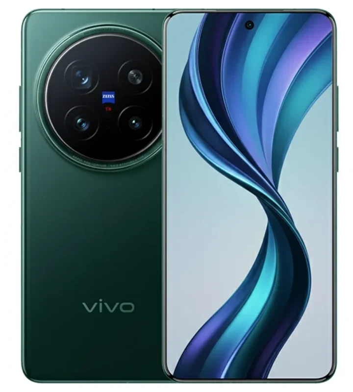 A single dark green Vivo X300 Pro 5G smartphone, showing both its front screen with a dynamic blue and teal wallpaper and its back, featuring a prominent circular camera module with multiple lenses and Zeiss branding.