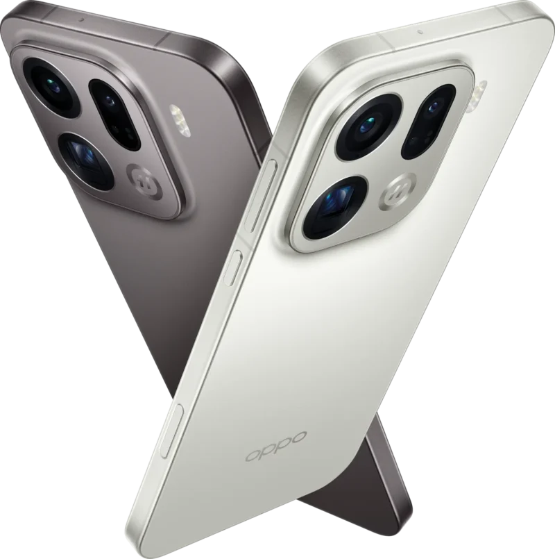 Two OPPO FindX9 Pro smartphones, one in silver and one in a darker grey, positioned back-to-back, showcasing their camera arrays and refined flagship design, hinting at the OPPO FindX9 Pro Price in India (2025).