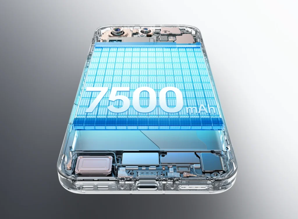 An internal view of the OPPO FindX9 Pro, highlighting its massive 7500 mAh battery capacity, a key feature contributing to the flagship's redefined status and value at its OPPO FindX9 Pro Price in India (2025).