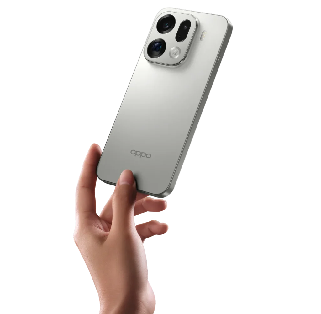A hand holding the sleek, silver OPPO FindX9 Pro, showcasing its elegant design and camera module, reflecting the flagship's redefined aesthetics and hinting at the OPPO FindX9 Pro Price in India (2025).