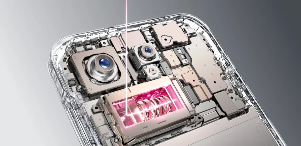 OPPO FindX9 Pro internal components with a pink glowing camera module, showcasing the flagship's redefined technology and highlighting the OPPO FindX9 Pro Price in India (2025).