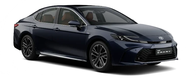 A sleek, dark blue Toyota Camry Hybrid sedan against a black background, showcasing its sophisticated design and hybrid efficiency.