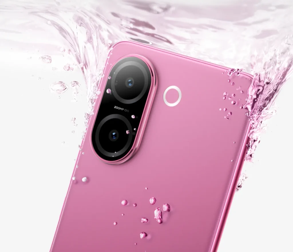 Vivo V60e 5G smartphone in Elite Purple/Noble Gold, highlighting its 200MP Ultra-Clear Main Camera and quad-curved display, reviewed for expected price in India and full specifications in 2025.