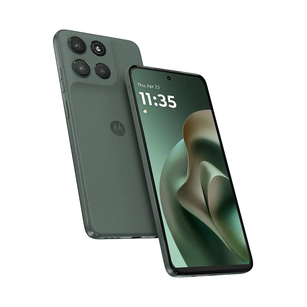 moto g67 power 5g price in india - A green Motorola smartphone, showing its back with triple cameras and front display with the time 11:35.