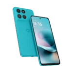 moto g67 power 5g price in india - An aqua blue Motorola smartphone, showing its back with triple cameras and front display with the time 11:35.