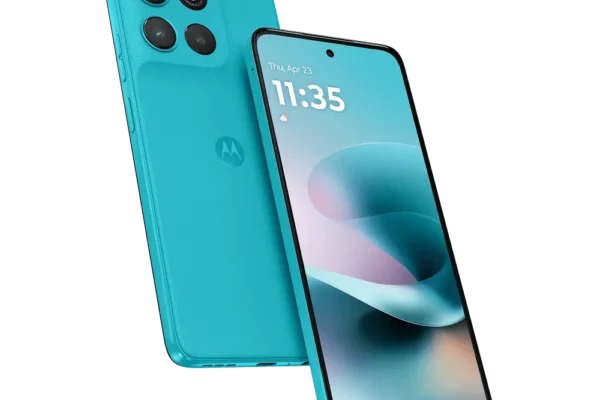 moto g67 power 5g price in india - An aqua blue Motorola smartphone, showing its back with triple cameras and front display with the time 11:35.