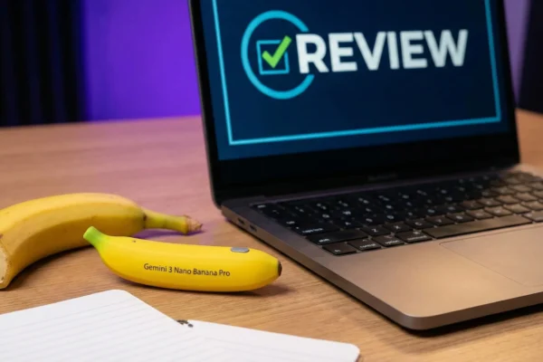 “Gemini 3 Nano Banana Pro placed next to a real banana, a notebook, and a laptop displaying ‘REVIEW’ on the screen on a wooden desk.”